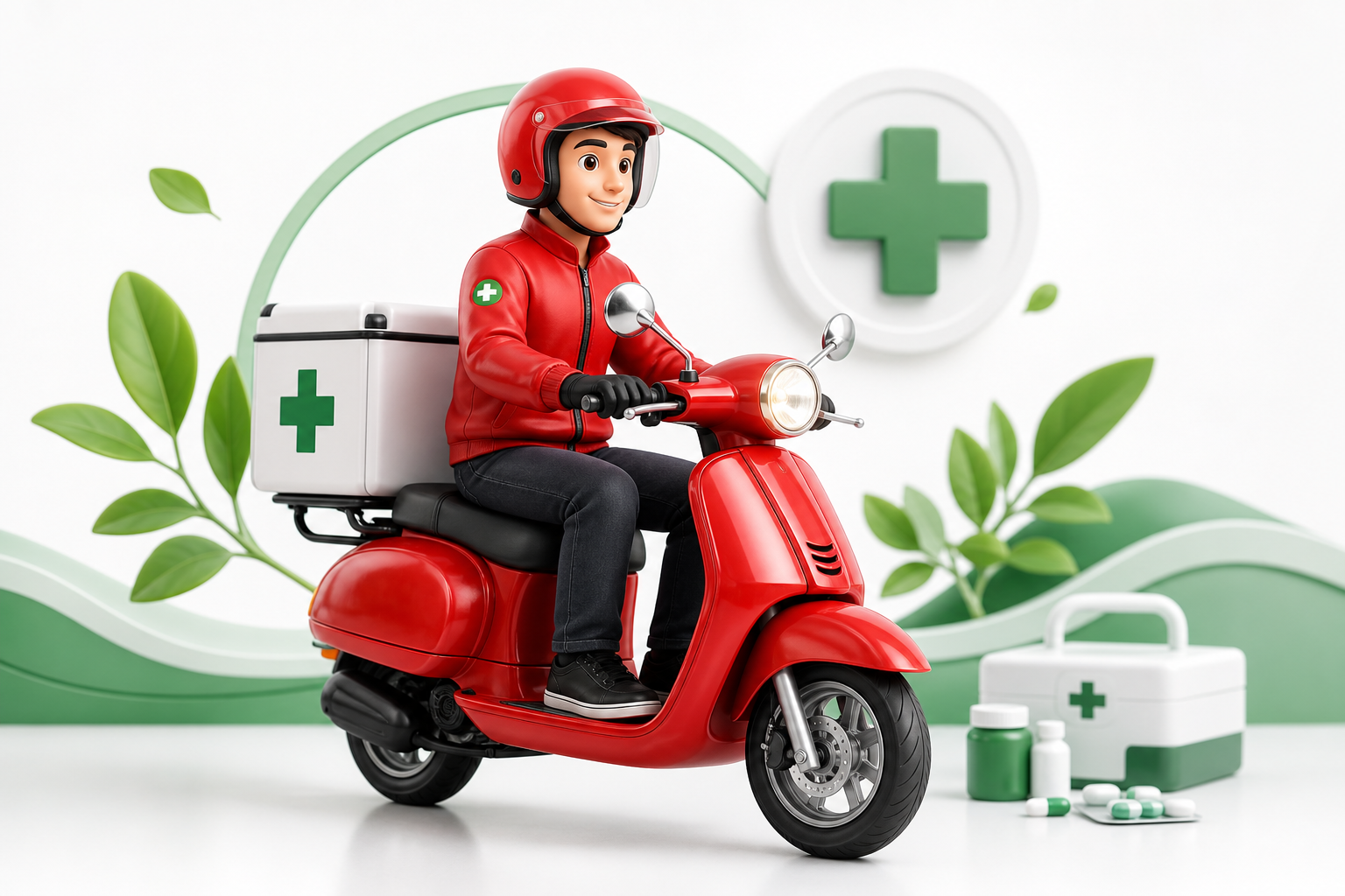 Illustration of pharmacy medicine delivery by scooter